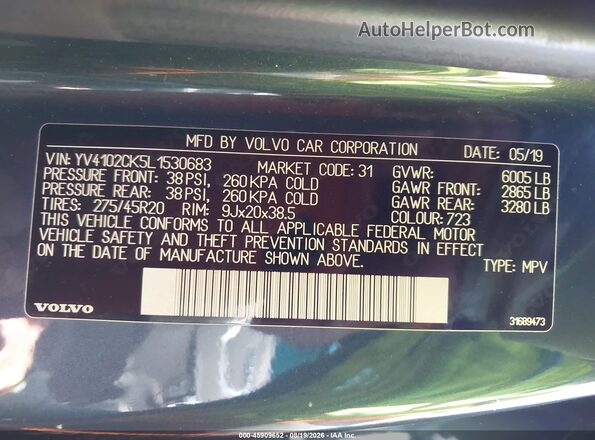 YV4102CK5L1530683 2020 VOLVO XC90 Dark Blue Շարժիչի բաժամունքի տեսք