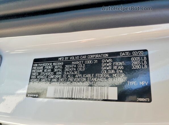 YV4102CKXL1603949 2020 VOLVO XC90 White Widok naklejki z numerem VIN