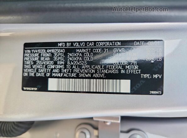 YV4102DL4M1825640 2021 VOLVO XC60 Серебряный Вид наклейки с VIN-кодом