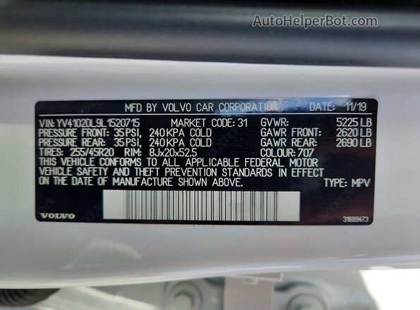 YV4102DL9L1520715 2020 VOLVO XC60 White Widok naklejki z numerem VIN