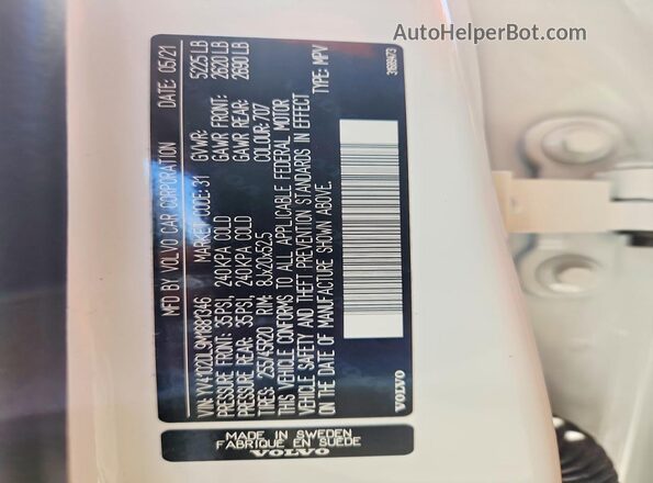 YV4102DL9M1881346 2021 VOLVO XC60 Белый Вид наклейки с VIN-кодом