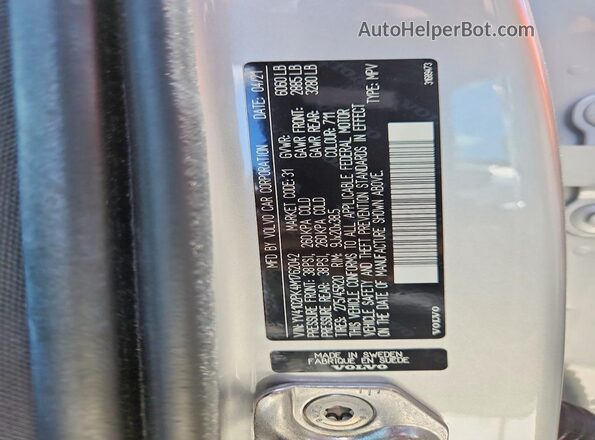 YV4102PK4M1762042 2021 VOLVO XC90 Silver VIN sticker view