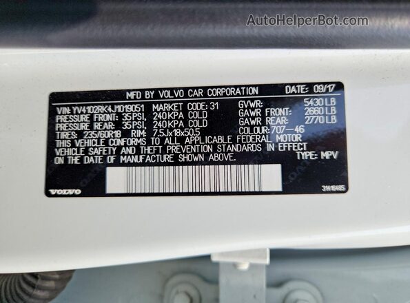 YV4102RK4J1019051 2018 VOLVO XC60 White Widok wnętrza 360 stopni