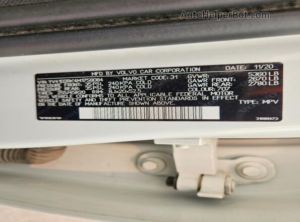 YV4102RK4M1758084 2021 VOLVO XC60 White VIN sticker view