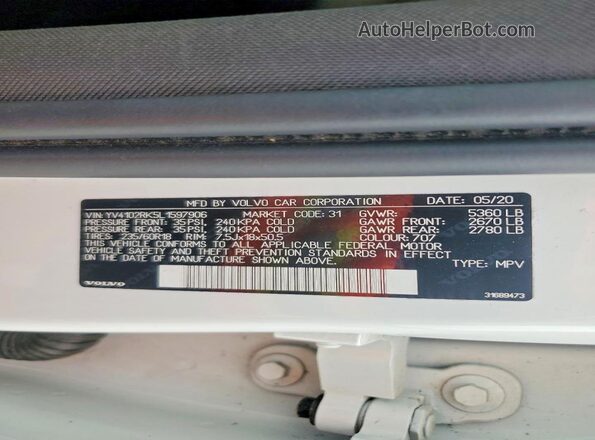 YV4102RK5L1597906 2020 VOLVO XC60 White VIN კოდის სტიკერის ხედი