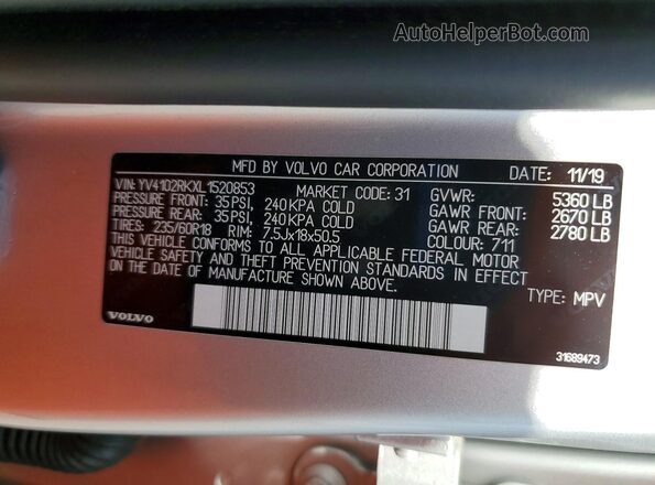 YV4102RKXL1520853 2020 VOLVO XC60 Silver Widok naklejki z numerem VIN