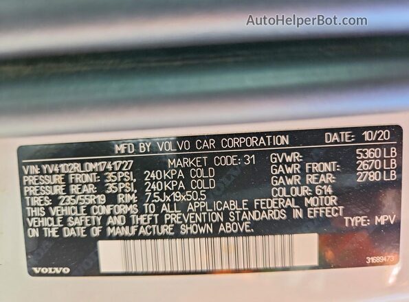 YV4102RL0M1741727 2021 VOLVO XC60 White Սալոնի 360 աստիճան տեսք