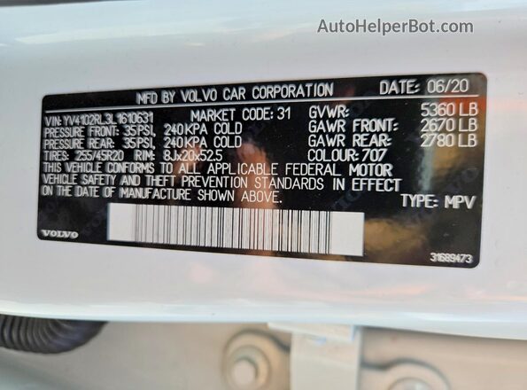 YV4102RL3L1610631 2020 VOLVO XC60 White Вид наклейки з VIN-кодом