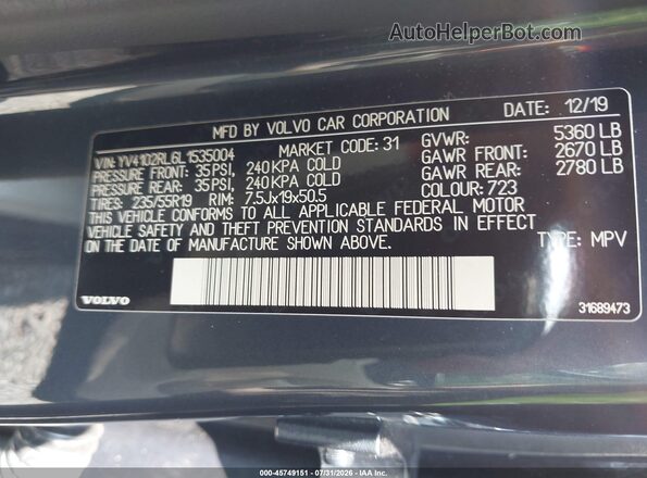 YV4102RL6L1535004 2020 VOLVO XC60 Blue Вид підкапотного простору