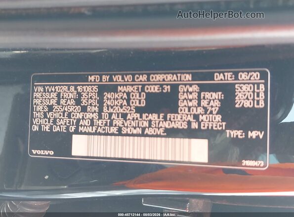 YV4102RL8L1610835 2020 VOLVO XC60 Black Vista del compartimento del motor
