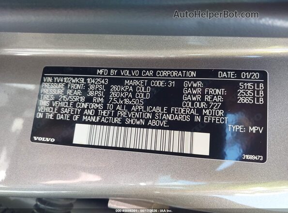 YV4102WK9L1042543 2020 VOLVO V60 CROSS COUNTRY Silver Vista del compartimento del motor