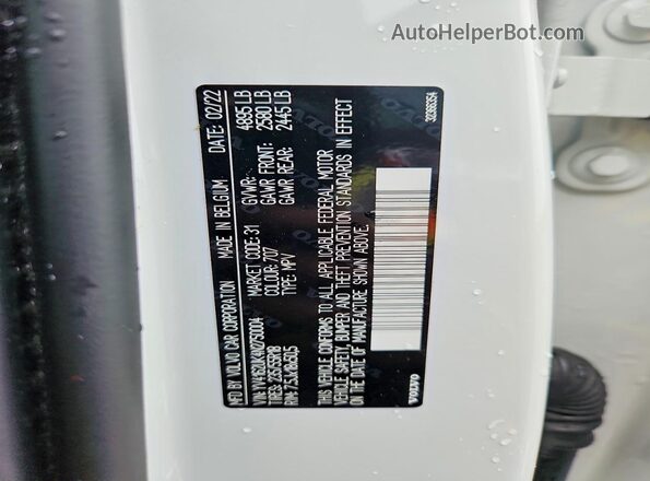 YV4162UK4N2750004 2022 VOLVO XC40 White VIN კოდის სტიკერის ხედი