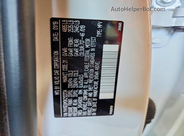 YV4162UM3K2122724 2019 VOLVO XC40 White Widok naklejki z numerem VIN
