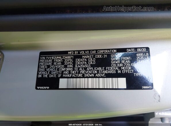 YV4162UM4L2348871 2020 VOLVO XC40 Gray Շարժիչի բաժամունքի տեսք