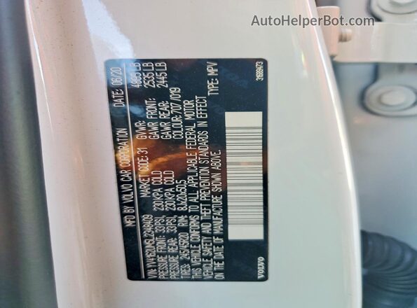 YV4162UM5L2348409 2020 VOLVO XC40 White Widok naklejki z numerem VIN