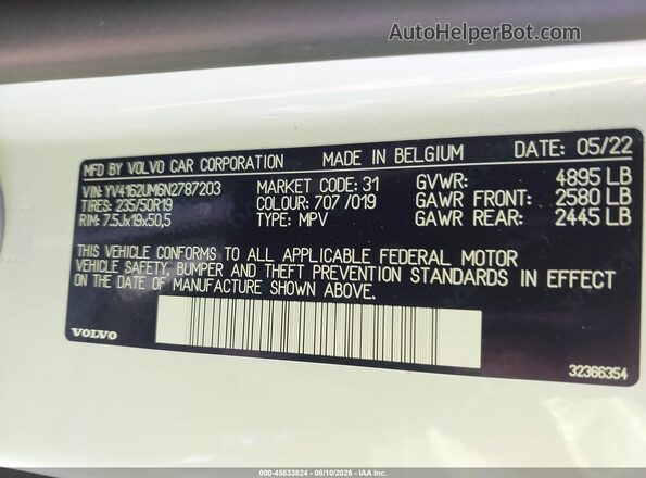 YV4162UM6N2787203 2022 VOLVO XC40 White Շարժիչի բաժամունքի տեսք