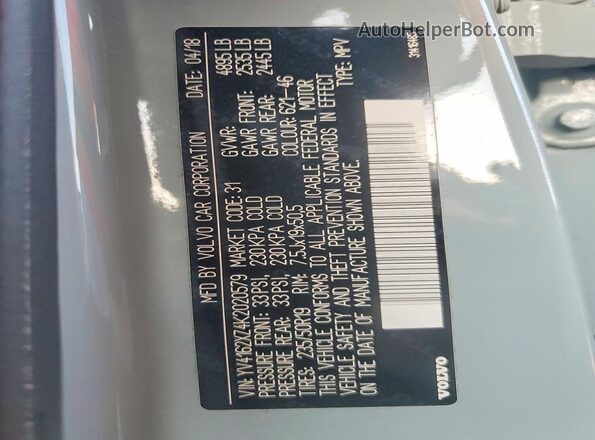 YV4162XZ4K2020579 2019 VOLVO XC40 Blue Вид наклейки з VIN-кодом