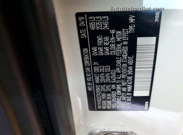 YV4162XZ7K2019412 2019 VOLVO XC40 Белый Вид наклейки с VIN-кодом