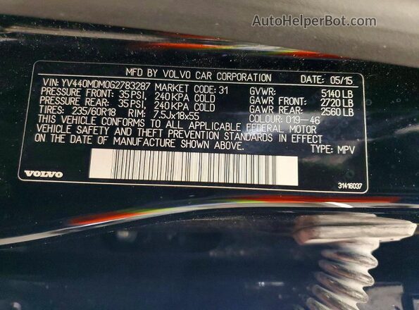 YV440MDM0G2783287 2016 VOLVO XC60 Black Vista de la etiqueta del VIN