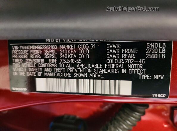YV440MDM9G2912160 2016 VOLVO XC60 Burgundy VIN sticker view