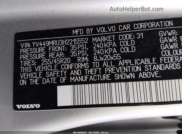 YV449MRU3H2215552 2017 VOLVO XC60 Silver ძრავის განყოფილების ხედი