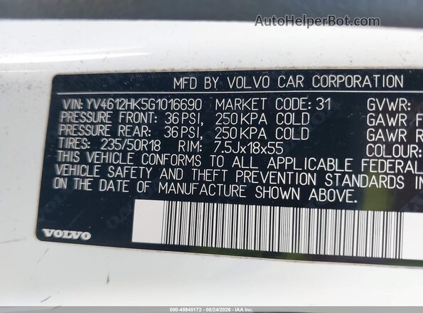 YV4612HK5G1016690 2016 VOLVO V60 CROSS COUNTRY Белый Вид подкапотного пространства