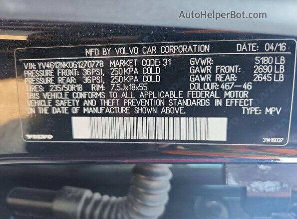 YV4612NK0G1270778 2016 VOLVO XC70 Blue Widok naklejki z numerem VIN