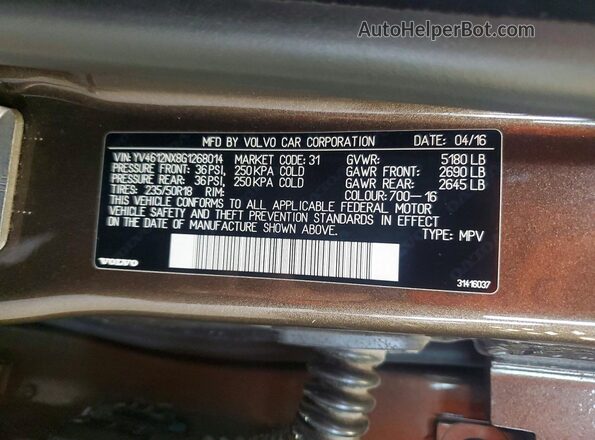 YV4612NX8G1268014 2016 VOLVO XC70 Brown Vista de la etiqueta del VIN