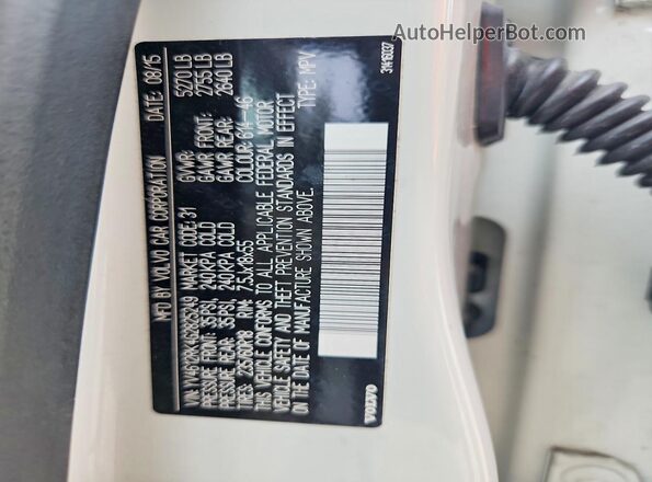 YV4612RK4G2825249 2016 VOLVO XC60 White VIN sticker view