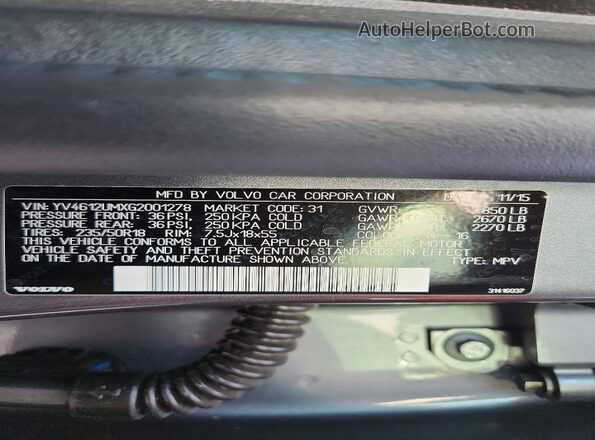 YV4612UMXG2001278 2016 VOLVO S60 Серый Вид наклейки с VIN-кодом