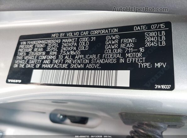 YV4902RMXG2809249 2016 VOLVO XC60 Silver Widok komory silnika