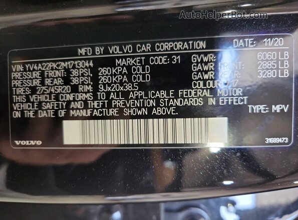 YV4A22PK2M1713044 2021 VOLVO XC90 Black Vista de la etiqueta del VIN