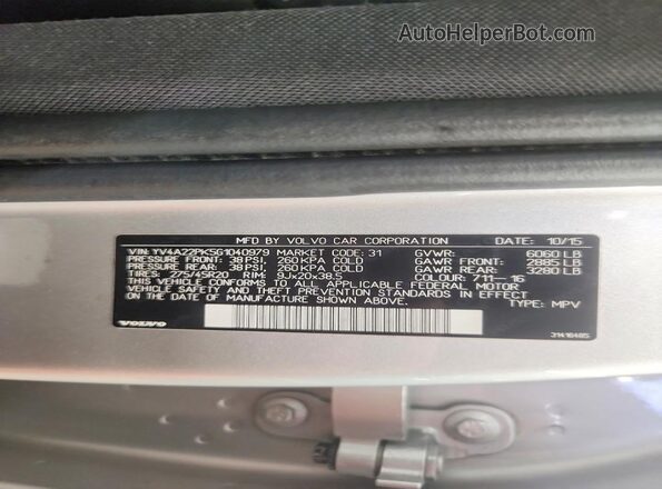 YV4A22PK5G1040979 2016 VOLVO XC90 Silver VIN կոդի պիտակի տեսք