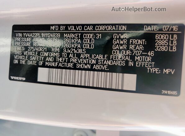YV4A22PL1H1124839 2017 VOLVO XC90 White VIN կոդի պիտակի տեսք