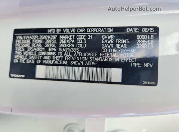 YV4A22PL2G1014297 2016 VOLVO XC90 White Vista de la etiqueta del VIN