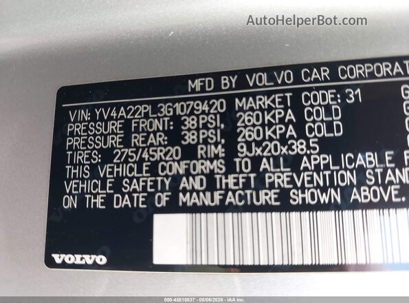 YV4A22PL3G1079420 2016 VOLVO XC90 Silver ძრავის განყოფილების ხედი