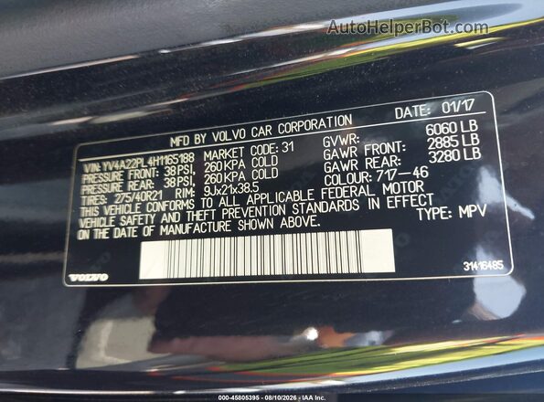 YV4A22PL4H1165188 2017 VOLVO XC90 Black Engine compartment view