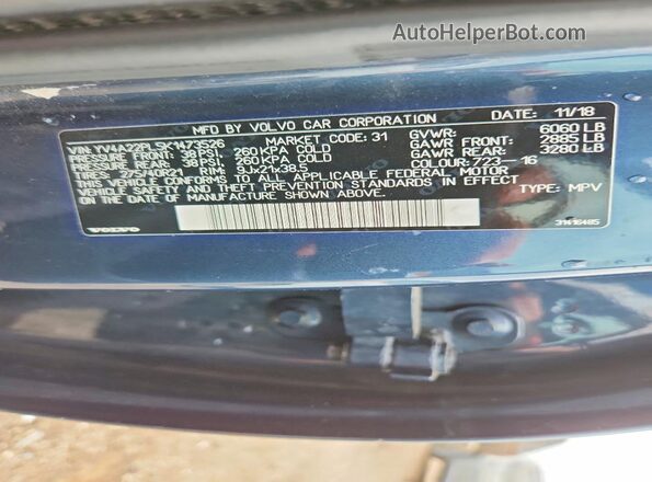 YV4A22PL5K1473526 2019 VOLVO XC90 Blue Vista de la etiqueta del VIN