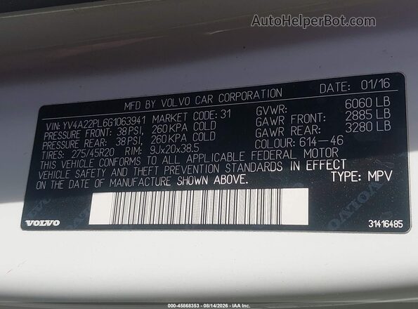 YV4A22PL6G1063941 2016 VOLVO XC90 White Vista del compartimento del motor