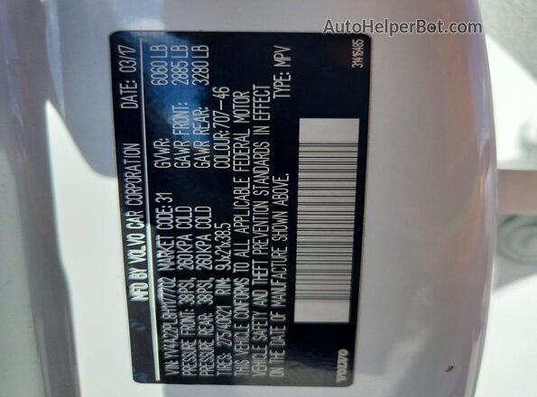 YV4A22PL8H1177702 2017 VOLVO XC90 White Vista de la etiqueta del VIN