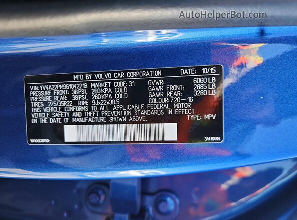 YV4A22PM9G1042218 2016 VOLVO XC90 Blue Vista de la etiqueta del VIN