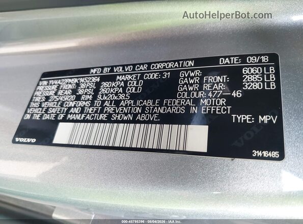 YV4A22PM9K1452364 2019 VOLVO XC90 Silver Շարժիչի բաժամունքի տեսք