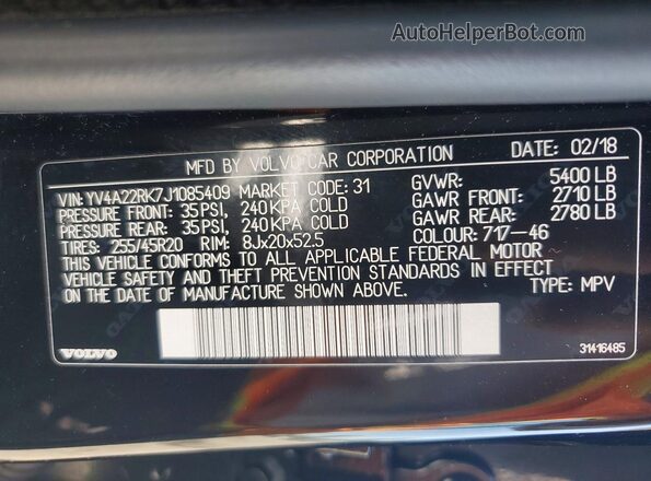 YV4A22RK7J1085409 2018 VOLVO XC60 Черный Вид наклейки с VIN-кодом