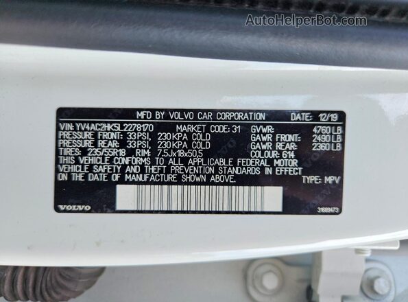 YV4AC2HK5L2278170 2020 VOLVO XC40 Белый Вид наклейки с VIN-кодом