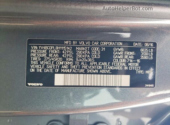 YV4BC0PL8H1115142 2017 VOLVO XC90 Gray Widok naklejki z numerem VIN
