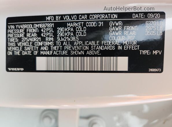 YV4BR00L0M1687891 2021 VOLVO XC90 White VIN კოდის სტიკერის ხედი