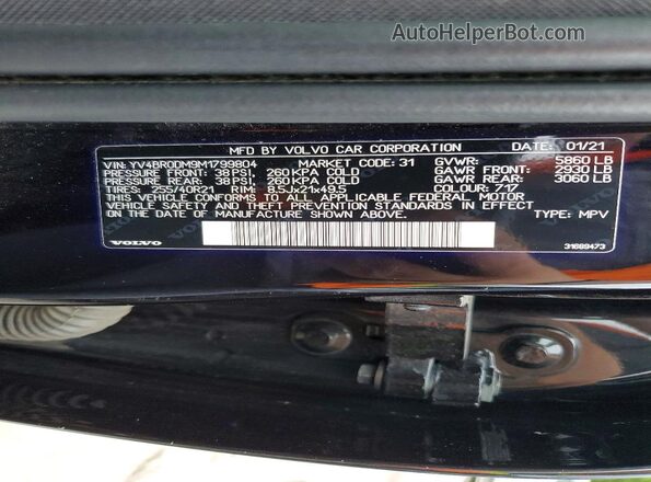 YV4BR0DM9M1799804 2021 VOLVO XC60 Black VIN კოდის სტიკერის ხედი