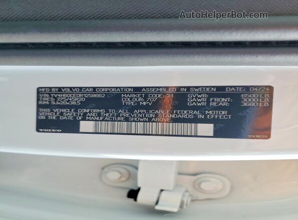 YV4H60CE0R1258662 2024 VOLVO XC90 White VIN կոդի պիտակի տեսք
