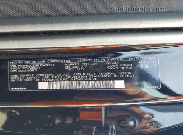 YV4H60CE3R1249809 2024 VOLVO XC90 Black Widok wnętrza 360 stopni