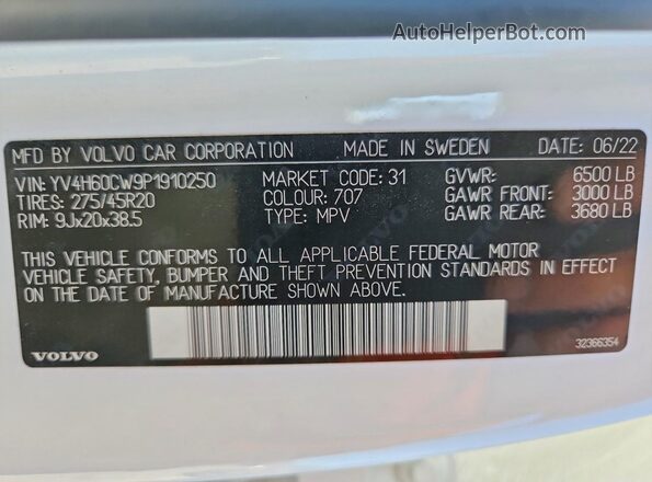 YV4H60CW9P1910250 2023 VOLVO XC90 White VIN կոդի պիտակի տեսք